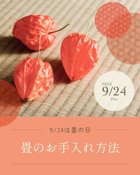 「9/24は畳の日。畳のお手入れ方法」と書かれた表紙。畳の上の赤い鬼灯の写真。